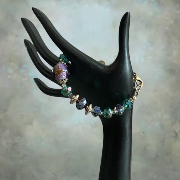 Hand Crafted Jewelry - Rose Teal Lampwork Faceted Purple Emerald Bracelet New